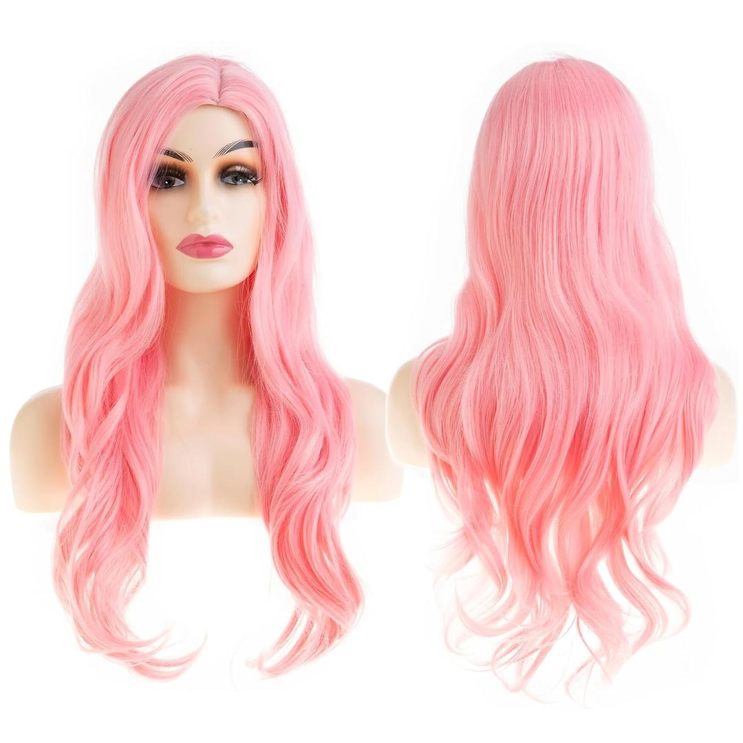 Baruisi Long Curly Wavy Pink Wigs for Women Side Part Natural Looking Cosplay Synthetic Heat Resistant Replacement Wig, Light Pink