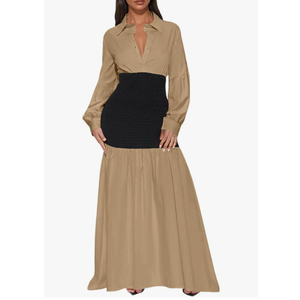 Ekaliy Women's Puff Long Sleeve Shirt Dress Elegant Button Down Loose Swing Party Maxi Dress Size L