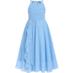 IBTOM CASTLE Flower Girls Dress Halter Pleated Chiffon Junior Bridesmaid Dress Wedding Flowy A-line Party Pageant Prom Dress (11-12 Years, Blue)