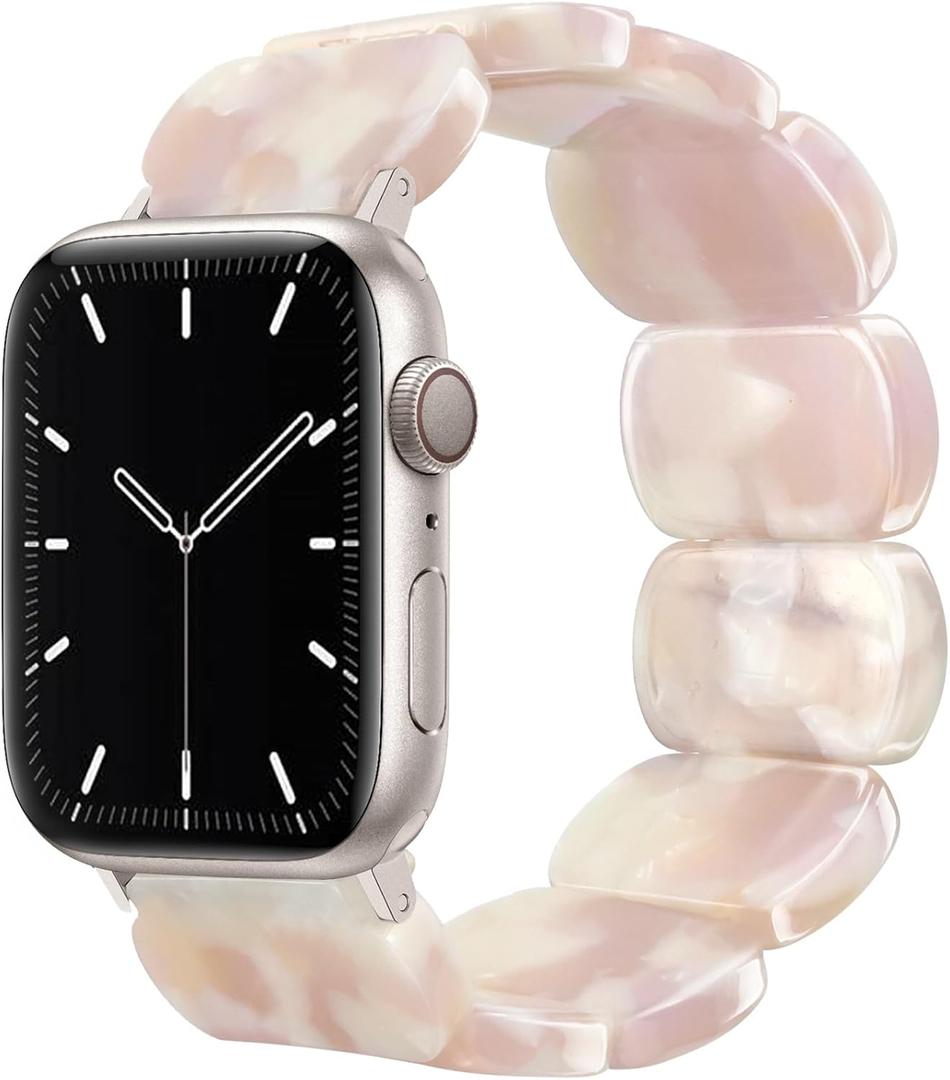 Newlibery Resin Stretchy Watch Bands Women Compatible with Apple Watch 38mm 40mm 41mm 42mm (S11/10) Tortoise Light Bracelet Beaded Elastic Strap for iWatch Series11/10/9/8/7/6/5/4/3/2/1/SE/Ultra (S) (Cherry Pink)
