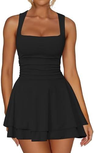 Kaximil Women's Square Neck Ruffle Hem Mini Dress Ruched Waist Short Party Dresses L Kaximil Women's Square Neck Ruffle Hem Mini Dress Ruched Waist Short Party Dresses L