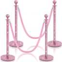 Ferraycle 4 Pcs Stainless Steel Stanchions Post Queue 38 Inch, 5 ft Velvet Carpet Ropes and Pole, Control Barriers for Wedding Birthday Party Decoration Sand Injection Hollow Base Set (Glitter Pink)