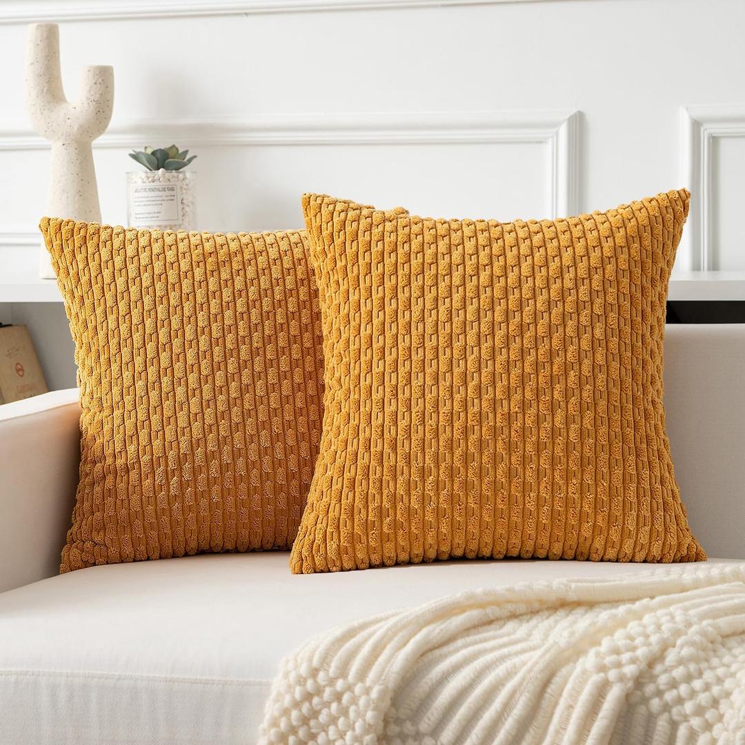 Kevin Textile Throw Pillow Covers Soft Corduroy Decorative Set of 2 Boho Striped Pillow Covers Pillowcases Farmhouse Home Decor for Couch Bed Sofa Living Room 20x20 Inch Golden Yellow