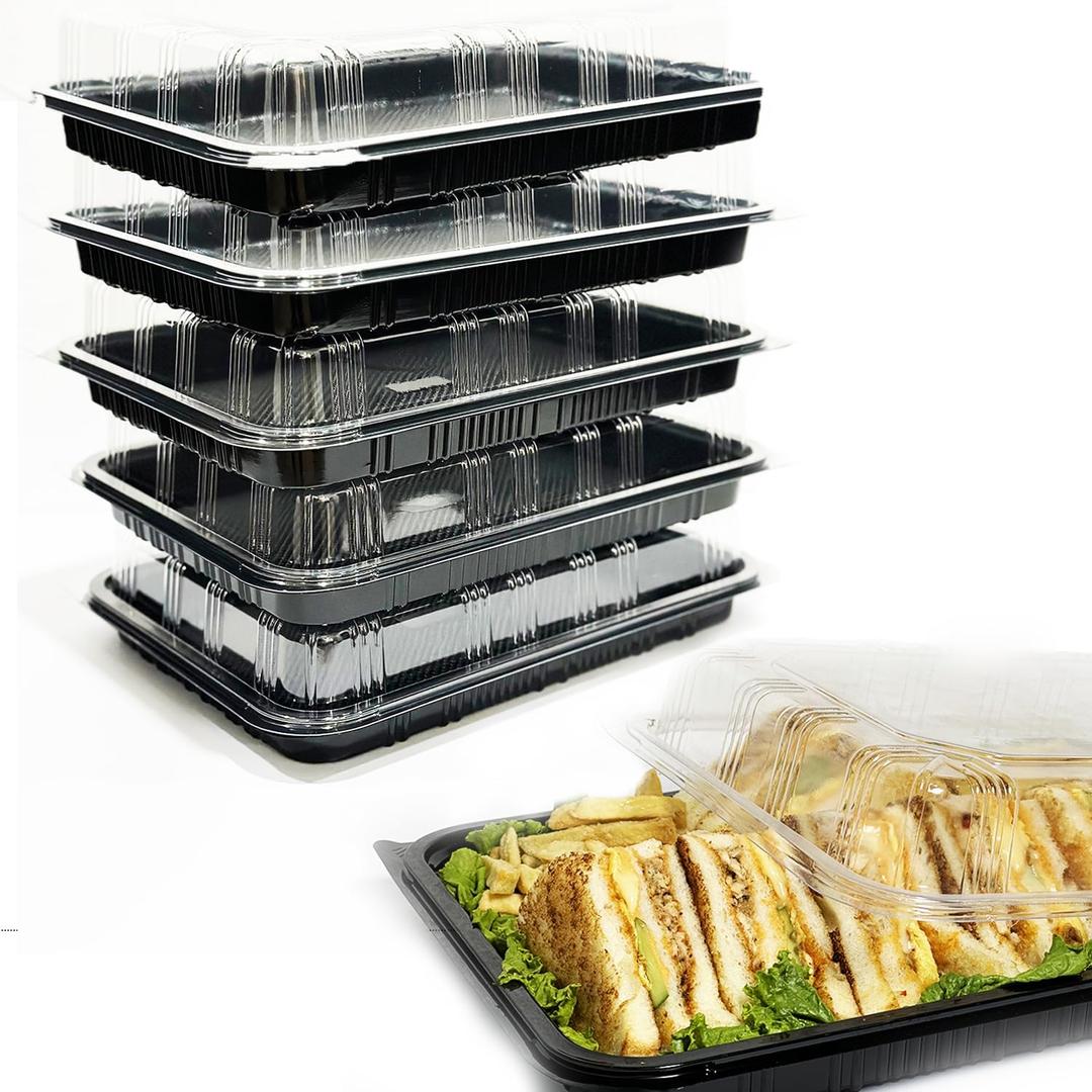 TRAYA Pack of 5 Serving Tray with lid - Reusable Catering Trays with Lids 13inch Long for Meal Prep, Cakes, Treats and Sandwiches (13 * 2.7 * 9.4inch)