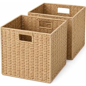 13x13x13 Inch Wicker Storage Basket Set of 2, FAAYUCK Handwoven Storage Cube Bins with Handle for Shelves, Foldable Wicker Organizer Basket for Bedroom, Laundry, Livingroom