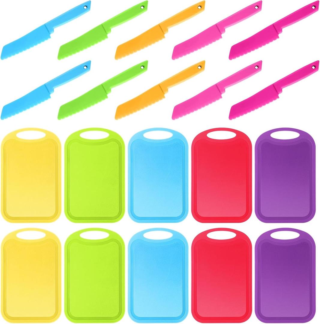 Yinkin 20 Pcs Kids Plastic Knife Set with Cutting Board Toddler Knife Tools, Including 10 Child Safe Knife 10 Chopping Board Kids Cooking Utensils for Cooking Club, Preschool