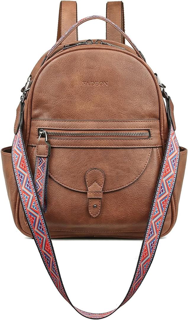FADEON Mini Backpack Purse for Women, Designer Leather Cute Roomly Small Backpacks, Ladies Shoulder Backpack Fashion Handbag (Brown Retro Style)
