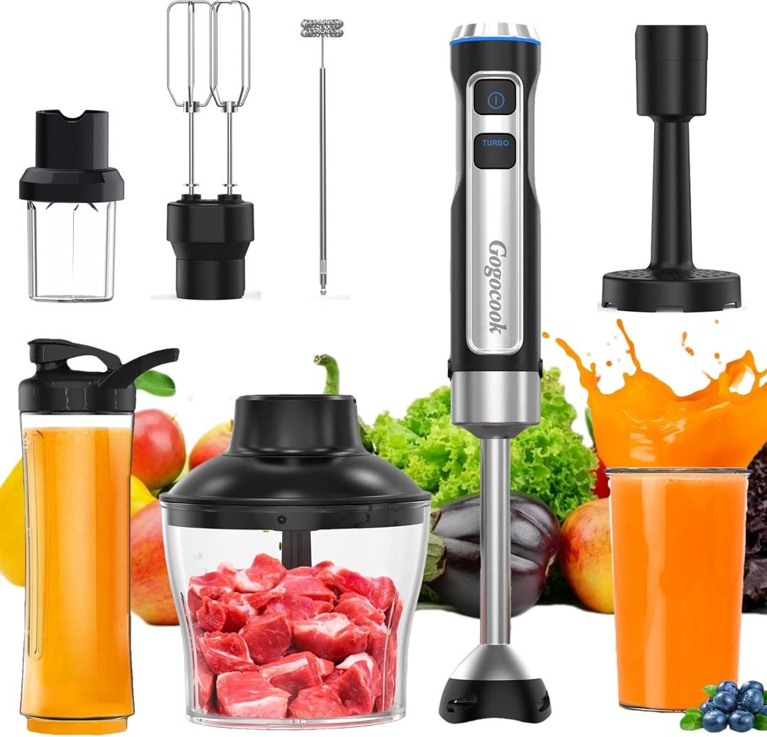 Immersion Blender Handheld 8 in 1 Hand Blender, Electric Blender Max 1000W Immersion Blender with 21 Speed & Turbo Mode, 21 Speed & Turbo Mode, Beaker Chopper Milk Frother Frother Grinder (Black Silver)