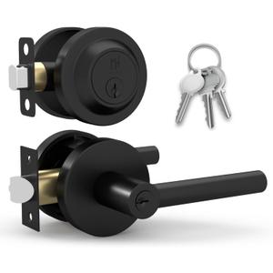 Mega Handles Ronn Entrance Combo, Entry Lever Door Handle and Single Cylinder Deadbolt Lock and Key Combo Pack, Heavy Duty Round Locking Door Levers Set for Left or Right-Handed Doors - Matte Black
