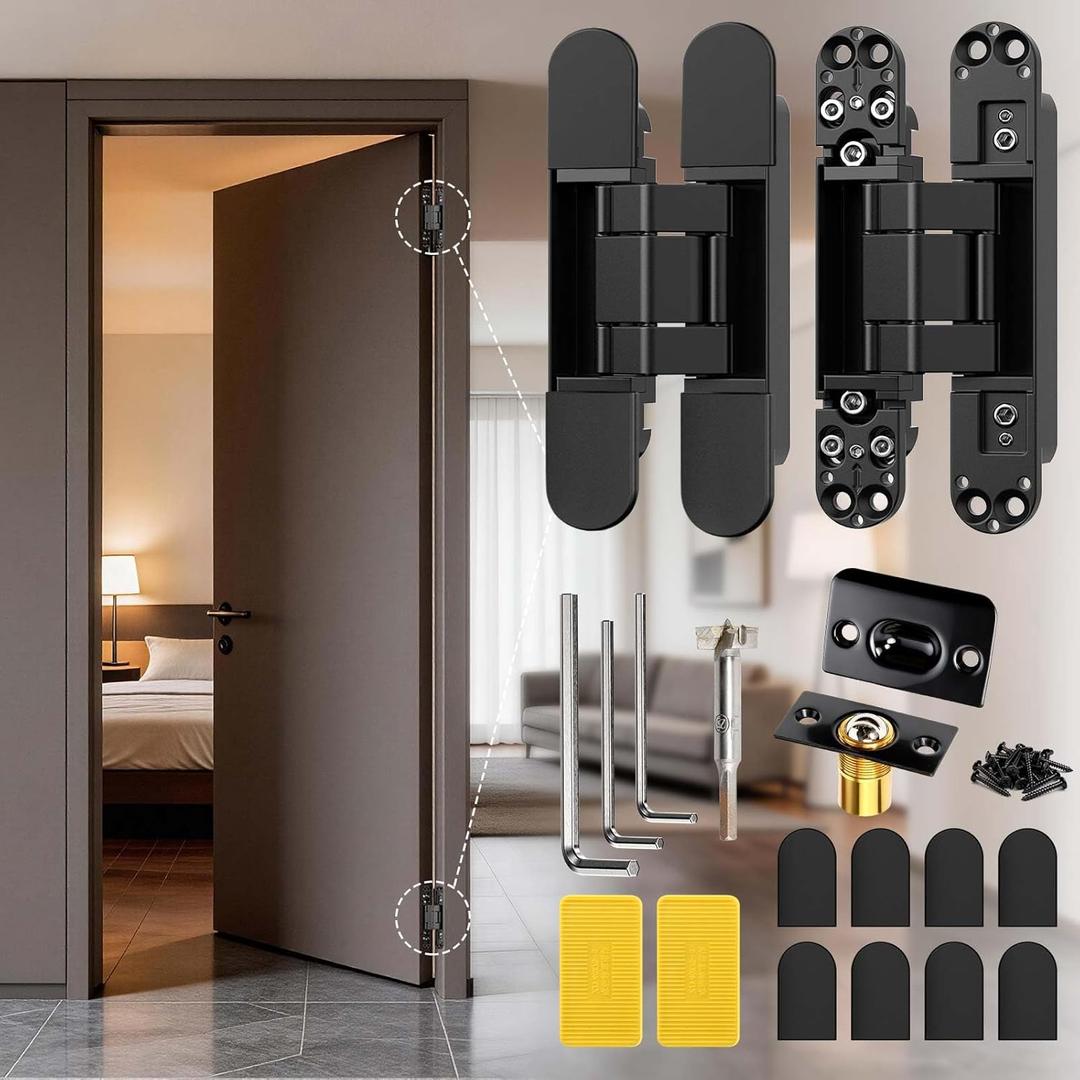6inch Hidden Door Hinge,Concealed Hinges,Hidden Door Hardware kit,Invisible Door Silent 180 Degree Swing Hinge 3-Way Adjustable Butt 6 x 2.5 x 1inch (Black, 6 inches)