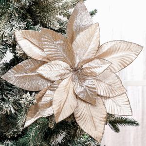 4 Pcs 16'' Champagne Gold Poinsettia Flowers Christmas Artificial Extra Large Velvet Christmas Flower Glitter Poinsettias Picks Ornaments Floral Stems for Xmas Tree Decoration Wreath Garland