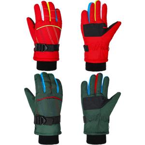 Hicarer 2 Pairs Kids Waterproof Winter Gloves Snow Gloves for Boys Girls Child Toddler Warm Ski Gloves for Cold Weather (8 - 14 Years, Red and Dark Green)