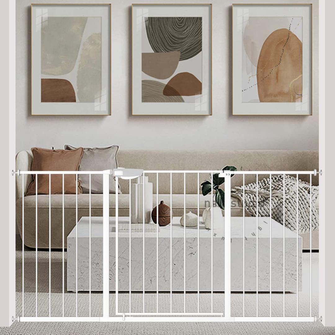 WAOWAO Triple Lock Baby Gate Extra Wide 57.87-62.59" Pressure Mounted Walk Through Swing Auto Close Safety White Metal Dog Pet Puppy Cat for Stairs,Doorways,Kitchen (57.87-62.59"/147-159cm, White)