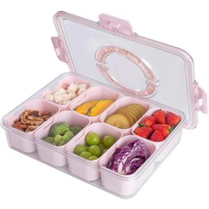 Snackle Box Container with Sealed Lid  Portable BPA-Free Snack Box with Foldable Handle, Divided Serving Tray for Fruit, Candy, Nuts & Veggies  Perfect for Travel, Picnic, Beach & Party 11.8" x 8.8" (Pink)