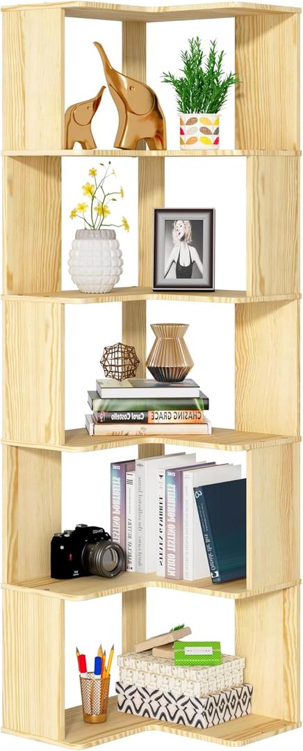 Wood Corner Bookshelf 5-Tier - 62 inch Tall Corner Bookcase Modern L Shaped, Natural Solid Large Corner Shelf Stand, Open Display Shelving Storage Rack for Bedroom, Living Room, Home Office