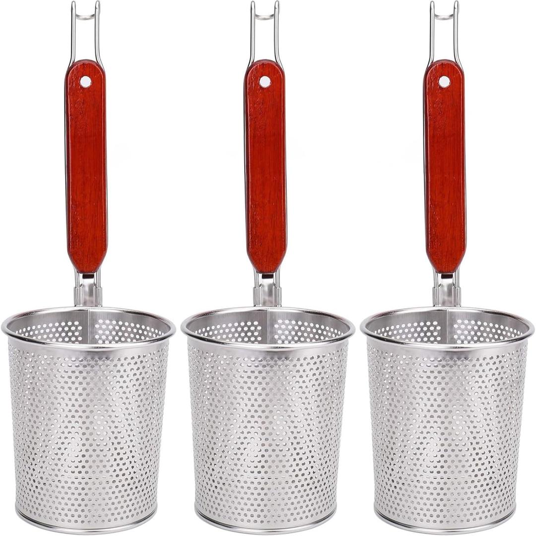 Lawei 3 Packs Mesh Pasta Basket with Wooden Handle Stainless Steel Mesh Spider Strainer for Pasta, Noodles, Dumpling