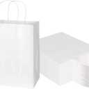 Toovip 50 Pack 8x4.75x10 Inch Medium White Kraft Paper Bags with Handles Bulk, Gift Wrap Bags for Favors Grocery Retail Party Birthday Shopping Business Goody Craft Merchandise Take Out Sacks
