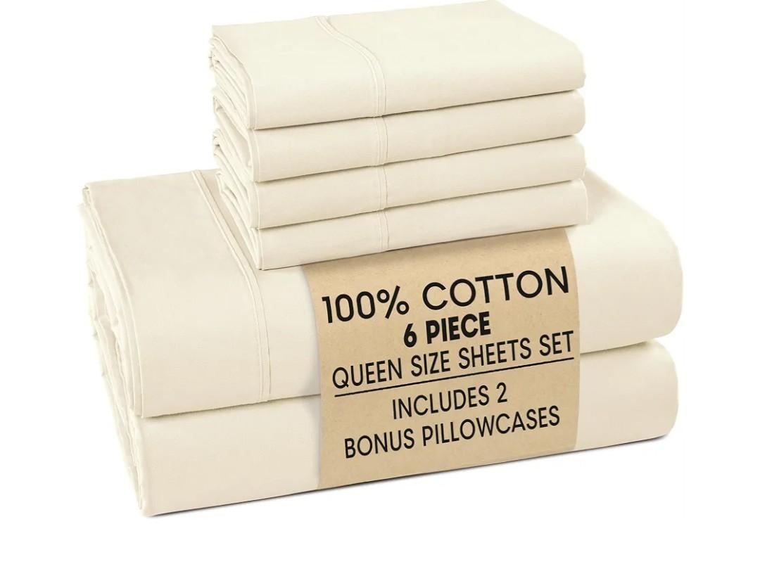 Casa Platino Queen Bed Sheets – Breathable 6 Piece Percale Cooling Queen Sheets with Crisp Feel, with 15 Inch Deep Pocket Fitted Sheet, Ultra Soft & Cozy Feel, Fit – Ivory