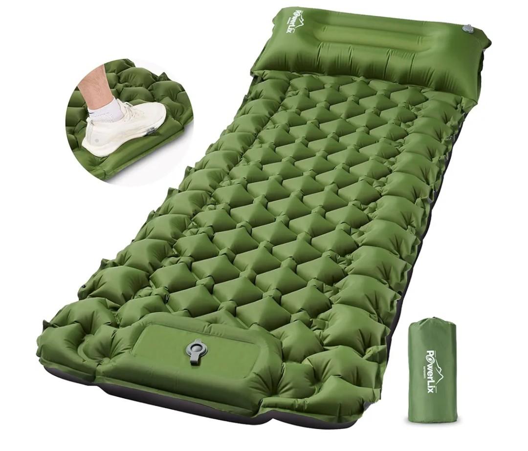 POWERLIX Camping Sleeping Pad with Built in Pillow, Ultralight Camping Mattress Airpad for Outdoor Backpacking Hiking Travelling, Compact Self Inflating Camping Mat, Foot Pump to Inflate