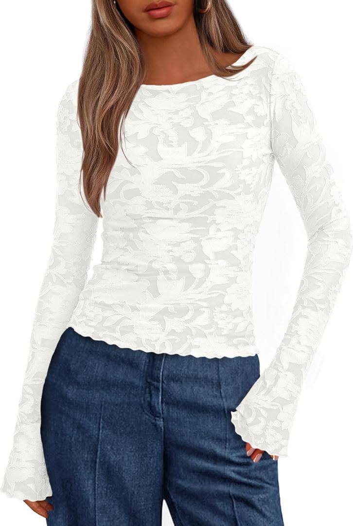BTFBM Casual Long Sleeve Shirts Spring 2026 Going Out Tops for Women Trendy Floral Work Blouses Bodycon Tunics (Large, White)