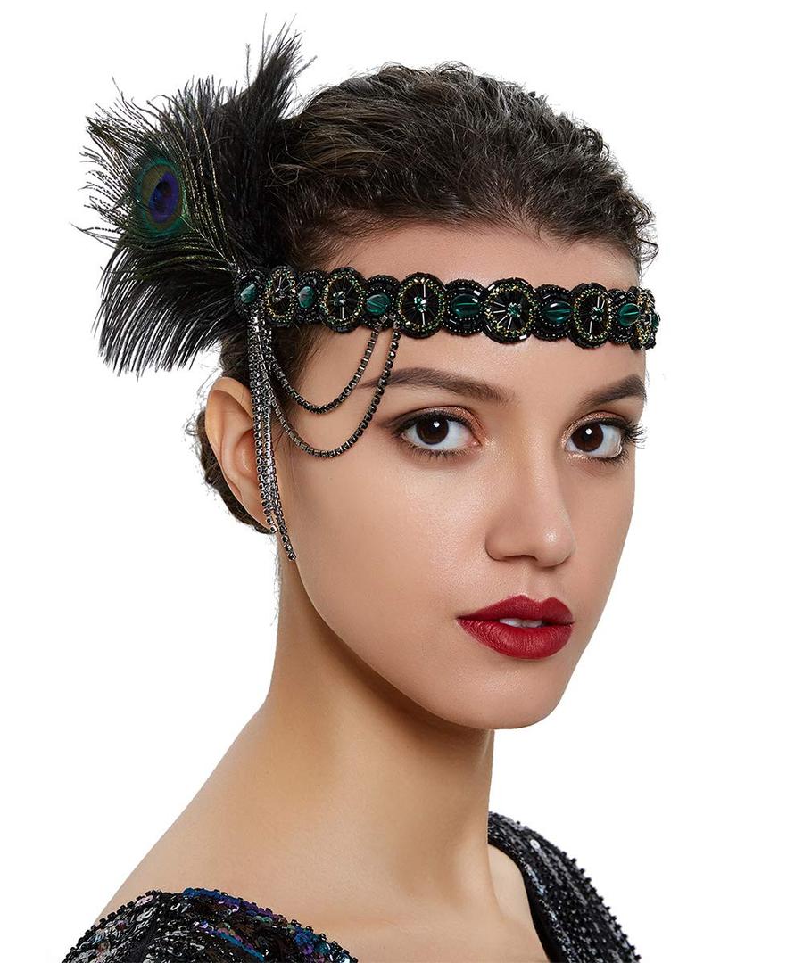 Bridal 1920s Flapper Feather Headband Crystal Beads Tassel Peacock Feather Headpiece Hair Jewelry for Women and Girls (Green)