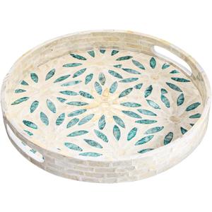 Mother of Pearl Inlay Serving Tray, 12 Inch Round Decorative Table Tray, Wood Coffee Table Ottoman Tray with Handles for Home Decor, Tea, Breakfast