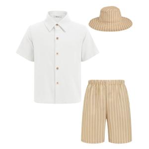 Arshiner Boys Cotton Linen Shorts Sets Button Down Short Sleeve Shirt and Shorts with Bucket Hat Summer Beach Outfits (Size 16)