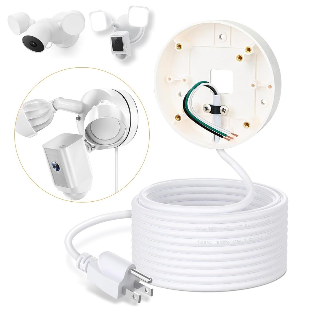 30ft/9M Power Cable with Adapter and Plug-in Mount Compatible with Blink Floodlight Cam, eufy Floodlight E340, Electrical Box with Weatherproof Cord-(2in1 Mount & Cord Set) (White)