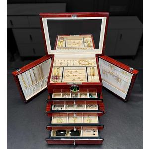 Jewelry Box Wood Jewel Organizer with Fingerprint Lock Safe, 7-Layer Large Locking Jewelry Storage Box with Necklace Hanger for Women Mens Gift (5L-RS)