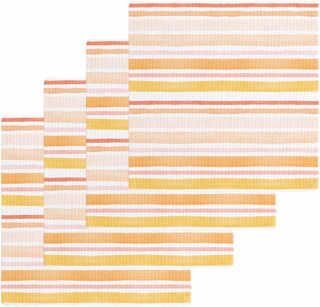 Gradient Orange Kitchen Dish Towels for Drying Dishes Set of 4, Waffle Weave Microfiber Terry Hand Tea Bathroom Towels Quick Dry & Absorbent Towels 12x12 Rustic Geometric Stripes Watercolor (12'' x 12'', 4PCS)