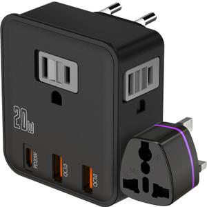 European Travel Plug Adapter for EU & UK, 20W PD USB-C, US to Europe Power Adaptor 3 Outlets 3 USB, American to Ireland Italy France Travel Essentials Accessories