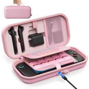 [Charge inside] Carrying Case for Nintendo Switch 2 2025 / Switch OLED / Switch with Adapter and Joy-Con Storage, Travel Case for Switch 2 Console with 22 Game Card Storage (Pink)