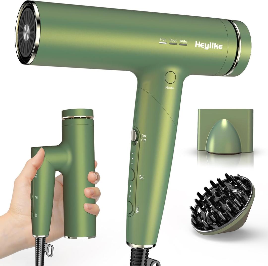 High Speed Plasma Ion Hair Dryer with Diffuser, Professional Blow Dryer 130000 RPM Brushless Motor for Fast Drying,1500W 3Temps/3Speeds Thermo-Control Lightweight Hairdryer for Women Home Travel Salon (Green)