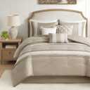 Madison Park Cal King Comforter Set, Farmhouse Comforter, Lace & Pintuck Design, Down Alternative, All Season Bedding Set, Bed Skirt, Shams & Decor Pillows, Taupe 7 Piece (California King, Taupe)