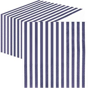 SietDESEO 50 Pieces Navy Blue Striped Napkins Disposable 3-Ply Blue and White Striped Cocktail Napkins Paper Dinner Napkins for Birthday Baby Shower Wedding Party Beverage Napkin