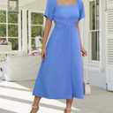 Women Square Neck Short Sleeve Dress 2025 Summer Midi Dresses Crossover Waist Casual Evening Party Vacation Dress (Blue, M)