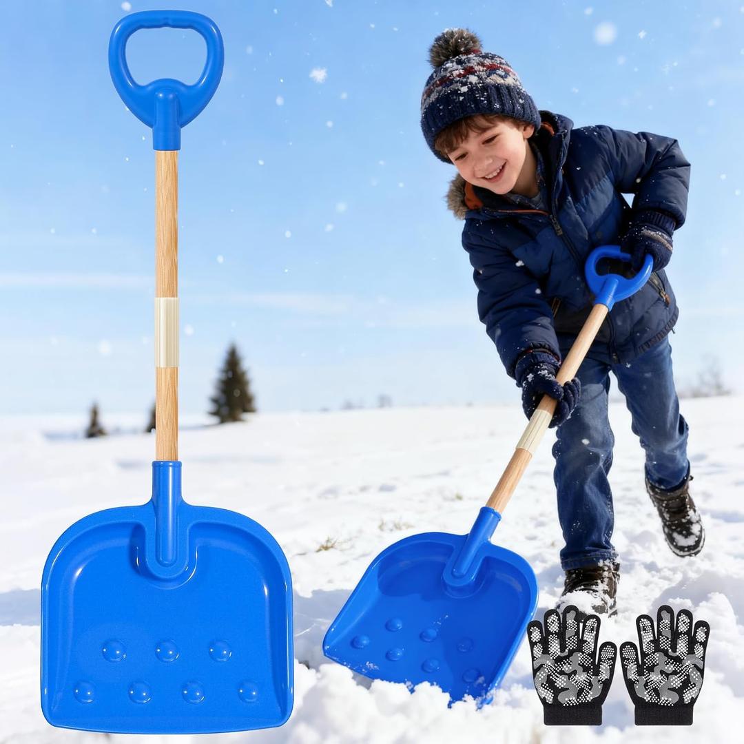 Kids Snow Shovel Adjustable 22-32 Inch Detachable Wooden Handle with Plastic D-Grip Handle and Scoop Includes Child Winter Gloves Lightweight Plastic Shovels for Snow Removal