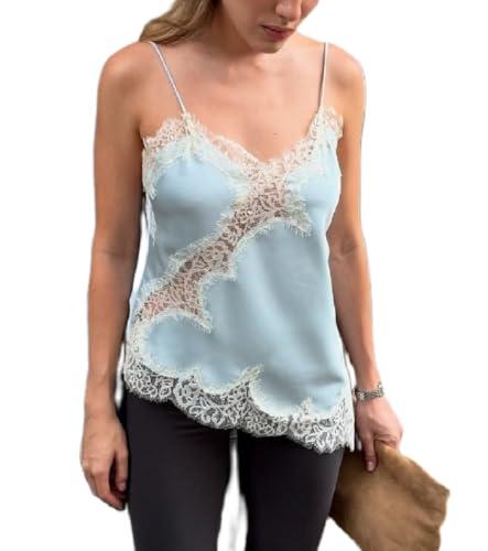 Women Satin Lace Cami Tops Y2k Asymmetrical Camisole Sexy Spaghetti Strap Side Slit Tank Top Trendy Going Out Tops Blue, M