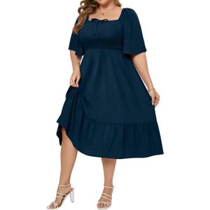 Ficerd Women's Plus Size Flowy Maxi Dress, Boho Bell Short Sleeves Square Neck Pleated Ruffle Layered A Line Party Long Dress 3X-Large