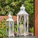Glitzhome Farmhouse White Wood Metal Lanterns Decorative Hanging Candle Lanterns Set of 2
