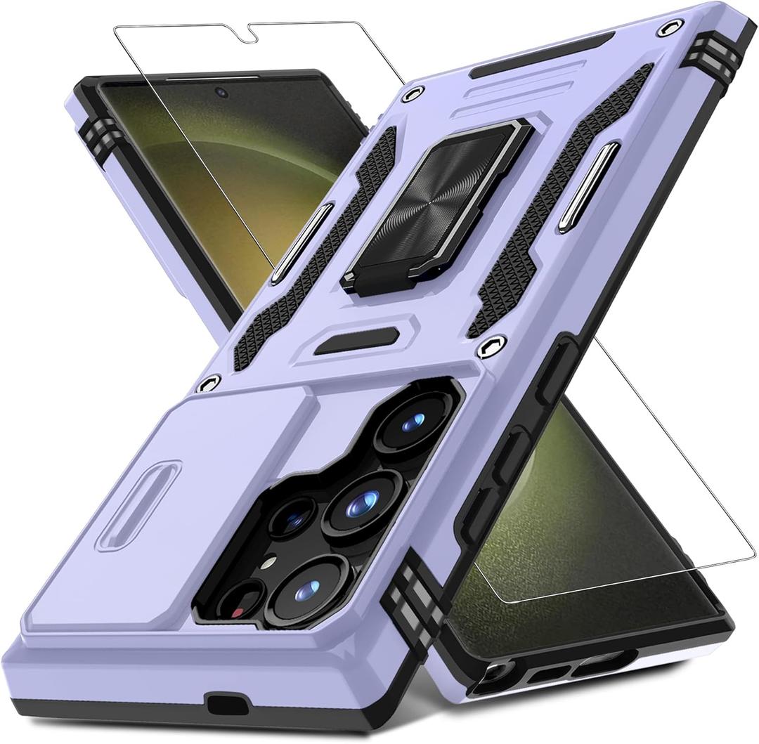 DEERLAMN Case for Samsung Galaxy S25 Ultra with Slide Camera Cover+Screen Protector (1 Pack), Rotated Ring Kickstand Military Grade Shockproof Protective Cover-Light Purple (S25 Ultra-6.9 Inch)