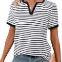 LilyCoco Women's Striped Shirt Short Sleeve Color Block Tops Notched Neck Summer Tee White Large (White, L)