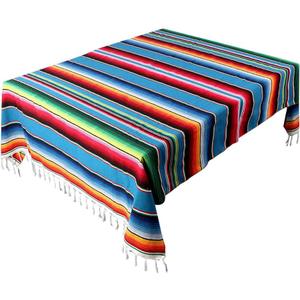 AerWo Mexican Tablecloth 60 x 85, Mexican Serape Blanket with Tassels for Fiesta Party Cinco De Mayo Decorations, Rectangle Woven Stripe Tablecloth, Outdoor Picnic Blankets Dining Table Cover (Blue)