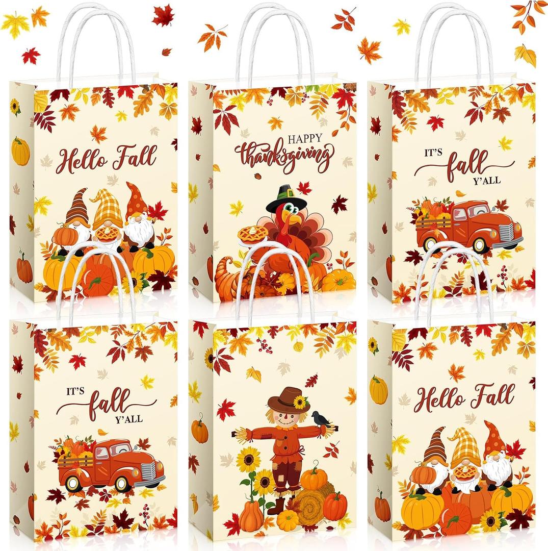 Pasimy 32 Pcs Thanksgiving Gift Bags Fall Gift Treat Bags with Handles Autumn Candy Goodie Paper Bag Maple Leaves Turkey Pumpkins Pouch for Thanksgiving Fall Harvest Party Favors Supplies Decorations