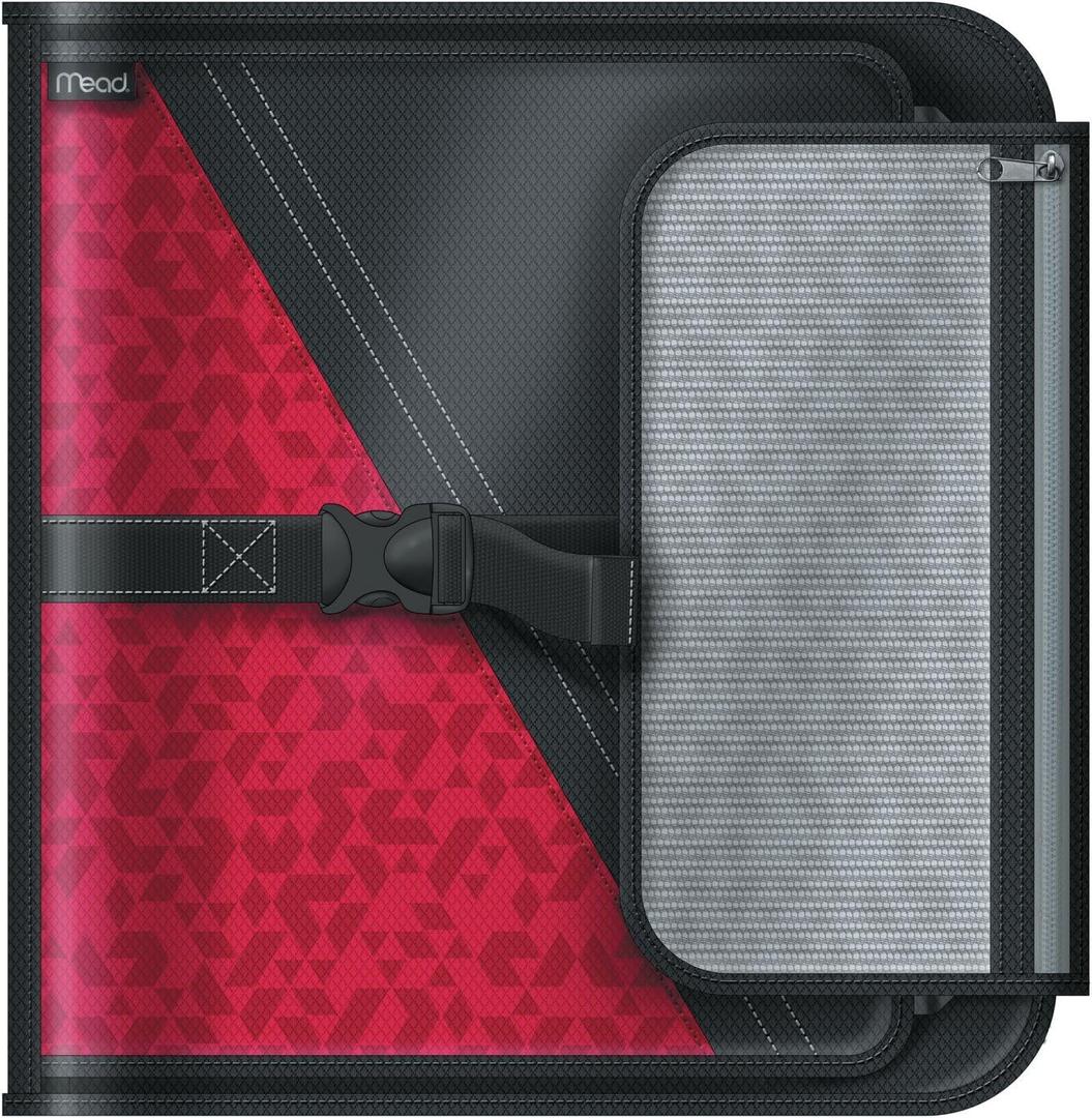 Mead 2 Inch Round Ring Binder, Sewn Fabric, 3 Tab Expanding File, 4 Pockets, Red/Black (29282BJ7)