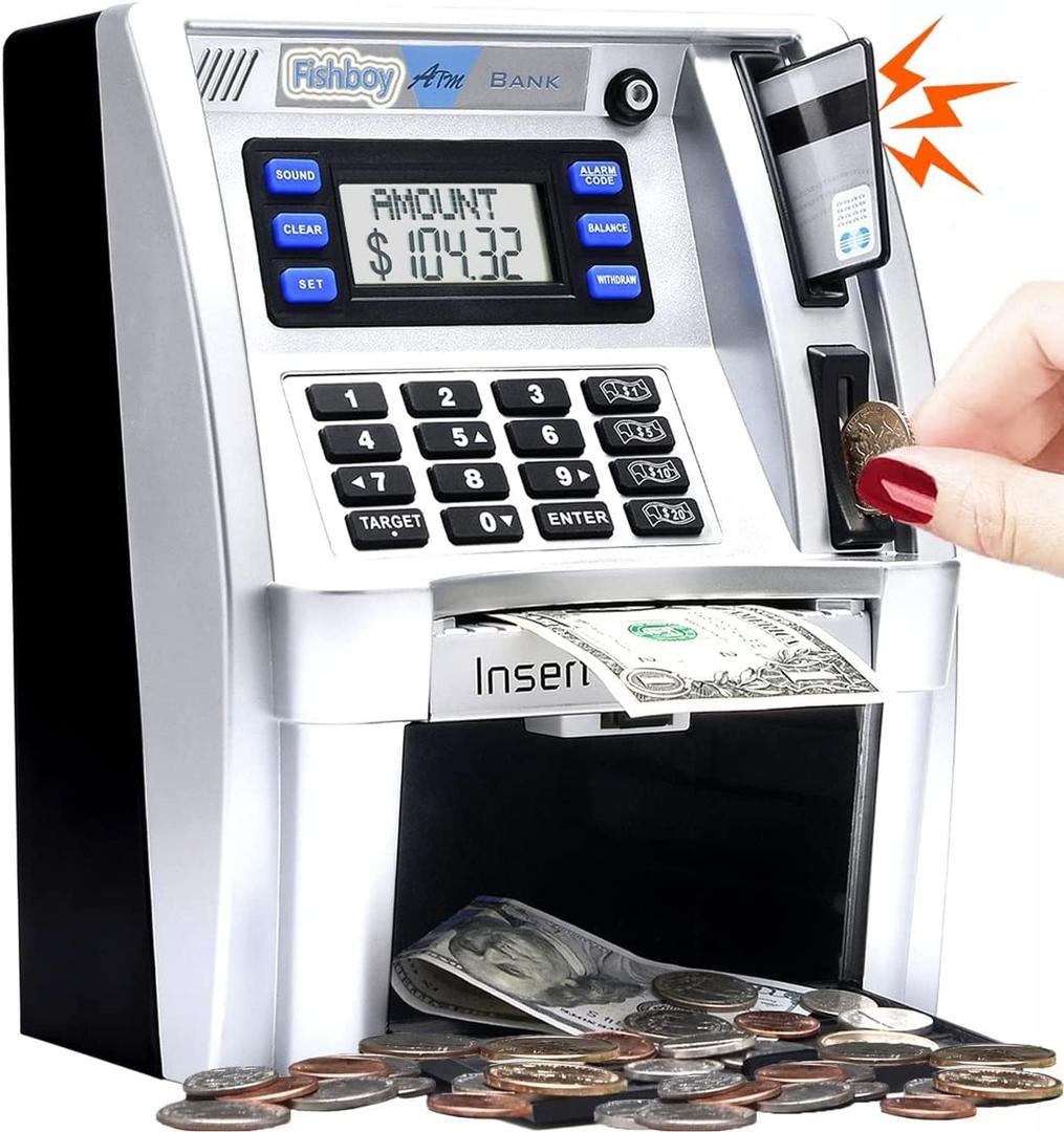 Fishboy ATM Piggy Bank for Kids with Power-Off Memory and Debit Card for Real Money, Onekey Shutdown, Coin Recognition, Target Setting, Bill Feeder, Balance Calculator, Savings Machine Box (Silver/Black)