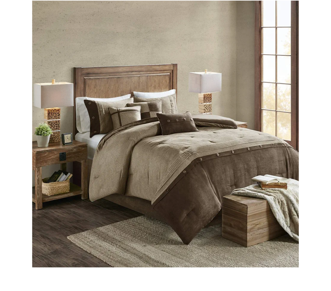 Madison Park Boone Cozy Comforter Set, Faux Suede, Deluxe Hotel Styling All Season Down Alternative Bedding Matching Shams, Decorative Pillow, Queen (90 in x 90 in), Rustic Brown 7 Piece