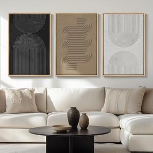 Large Framed Boho Modern Neutral Abstract Wall Art for Living Room, 3 Piece Black and White Canvas Prints Paintings Artwork for Walls, Geometric Pictures for Office Bedroom Dining Room Decor, 24x36 In