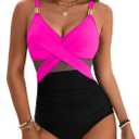 Blooming Jelly Womens One Piece Swimsuit Metal Modest Tummy Control Bathing Suit Slimming Full Coverage Mesh Swim Suits (Small, Black Pink)