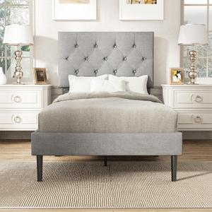 Twin Size Platform Bed Frame with Upholstered Headboard, Button Tufted Design, No Box Spring Needed, Light Grey